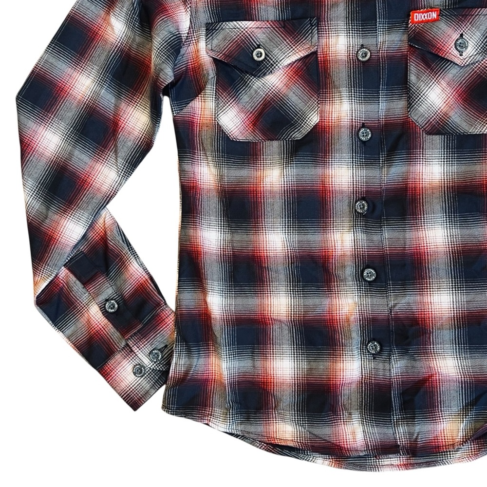 Dixxon Women’s Sz M Red Black Plaid Flannel Button Front Shirt Equalizer Casual - Picture 3 of 14